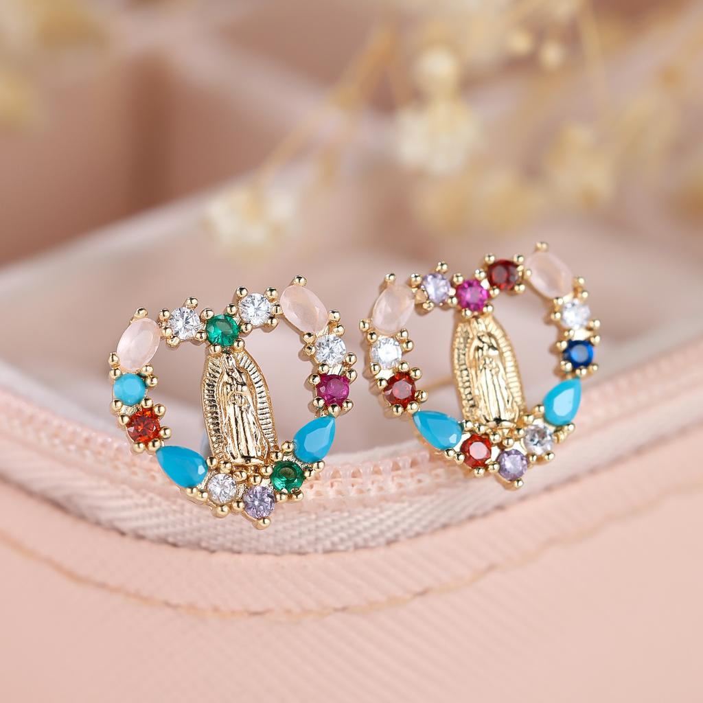 Women's Crystal Rainbow Stone Heart Nut Earrings Vintage Wedding Jewelry Yellow Gold Color Luxury