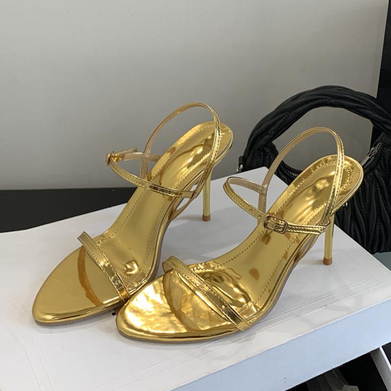 Gold Silver Patent Leather Women Sandals Fashion Round Open Toe Gladiator High Heels Party Dress Shoes Sandalias De Mujer