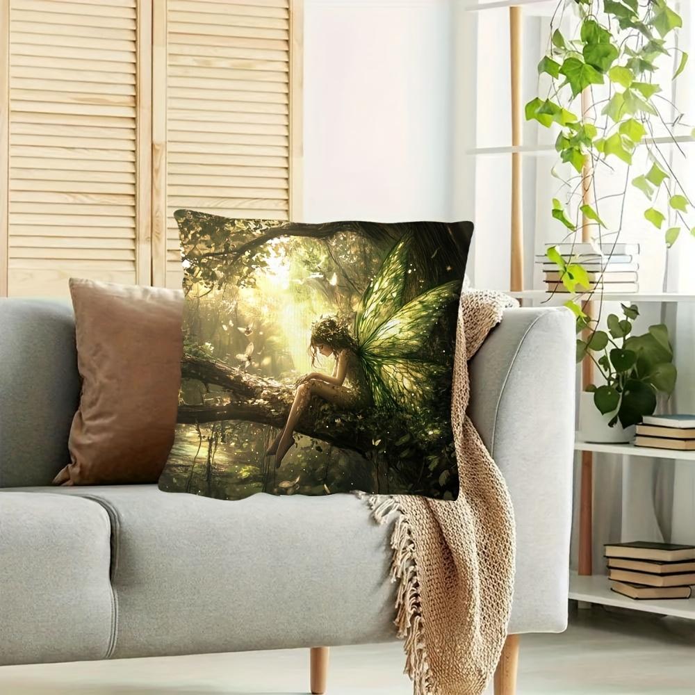 1Pc Forest Fairy Pillow Cover, Polyester 2D Double-Sided Print, Enchanted Green Winged Fairy Art, Fantasy Lover Home & Car Decor