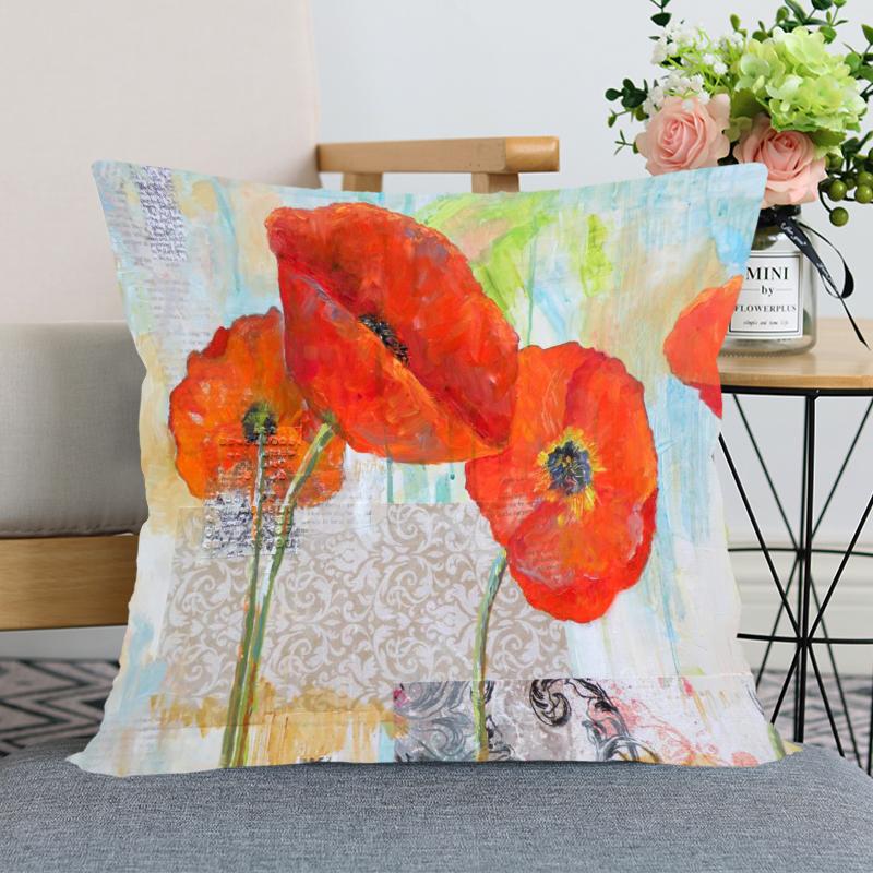 Red Poppy Flower Print Pattern Pillow Case Home Living Room Sofa Bedroom Decoration Soft Throw Square