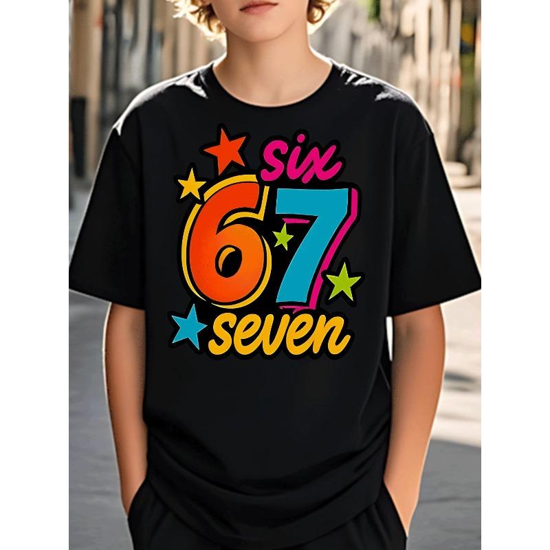 Boys Black Crewneck Tee, Trendy Number 6 7 Star Graphic Print Street Style Casual Kids Top Holiday Gift