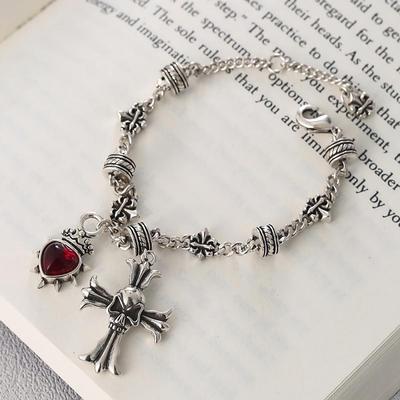 Damen Antik Schädel Kreuz Krone Rotes Herz Armband