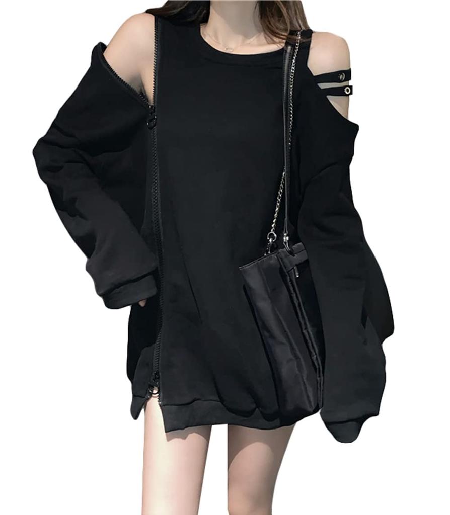 ShuMing Long Sleeve Loose Street Korean Pullover Women's Hoodie, Off-the-Shoulder, Fit, Simple, Black, Style, Style, Stylish, (Free Size, Black)