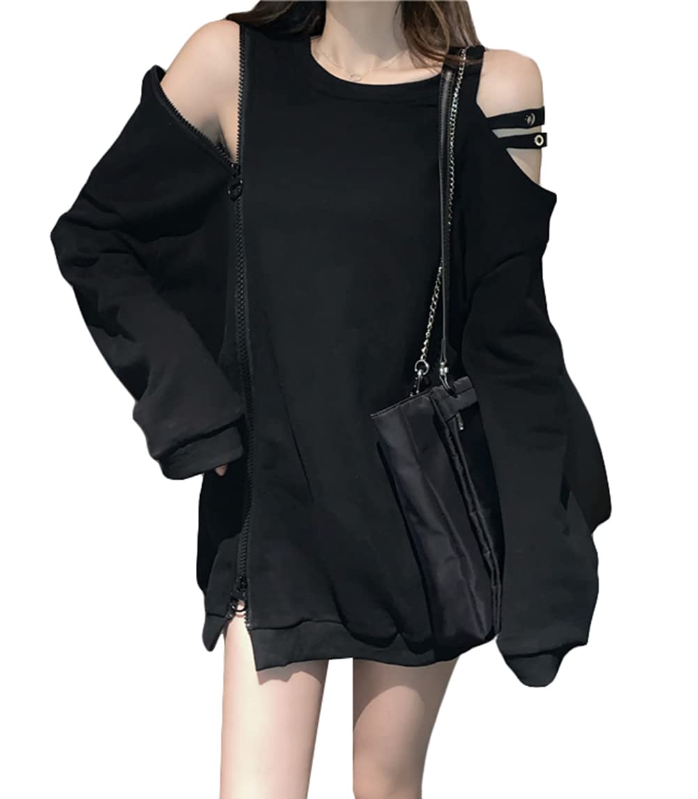 

Худи женское ShuMing с длинным рукавом, свободное, уличное, корейское, пуловер, с открытыми плечами, облегающее, простое, черное, стильное, стильное, (Свободный размер, черный) чёрный