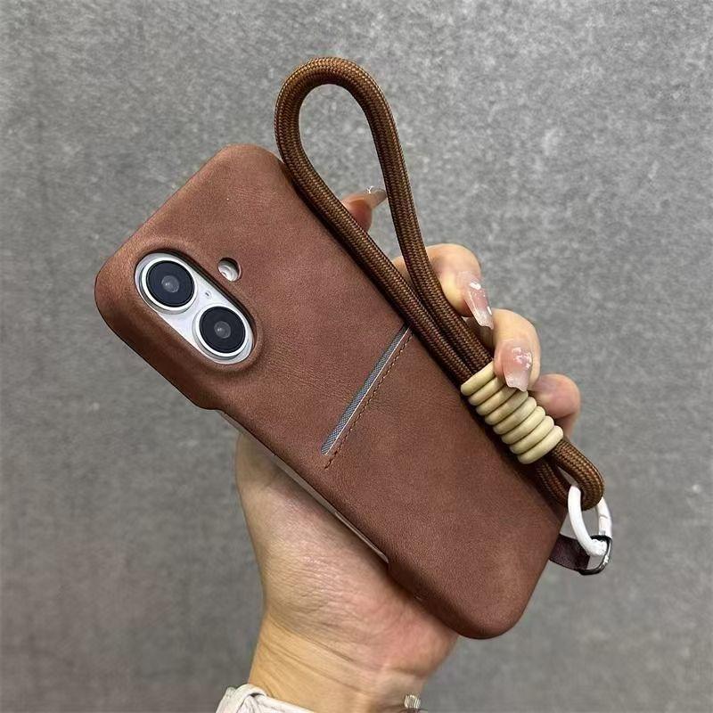 Skin Like Sheepskin Card Insertion Phone Case for IPhone 16 Promax Card Bag S23 Ultra Shell Hanging Rope Sleeve