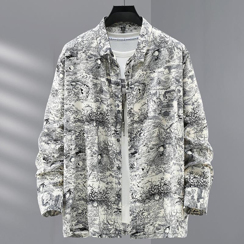 Spring and Autumn Plus Size Loose Thin Long-sleeved Printed Shirt Plus Fat Long-sleeved Shirt Men's Casual Shirt 4XL-12XL