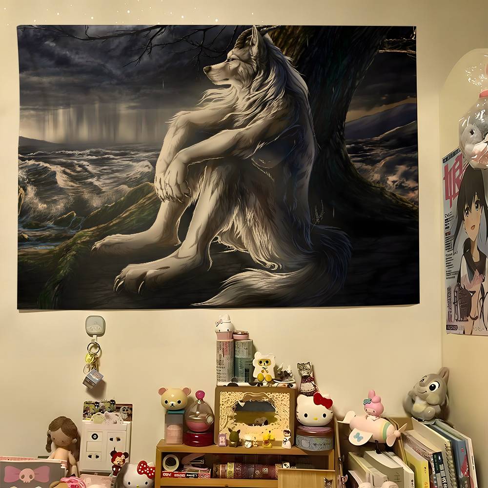 1pc Emo White Wolf Sitting Meme Tapestry Colorful Hippie Psychedelic Bedroom Dorm Decor Aesthetic