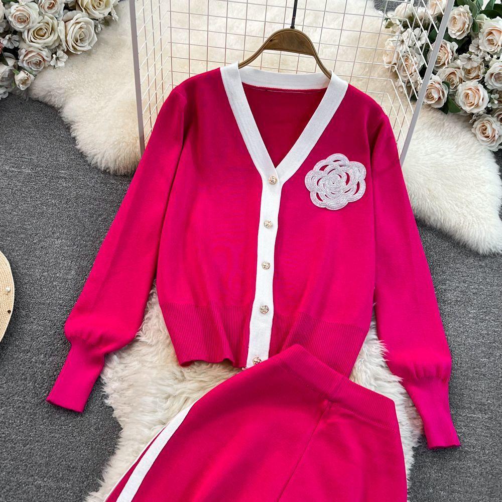 JPNTKY Fashion Set: Long-sleeved, Contrasting Color, V-neck Knitted Cardigan, Two-piece Set, High-waisted, Straight-leg, Wide-leg Pants