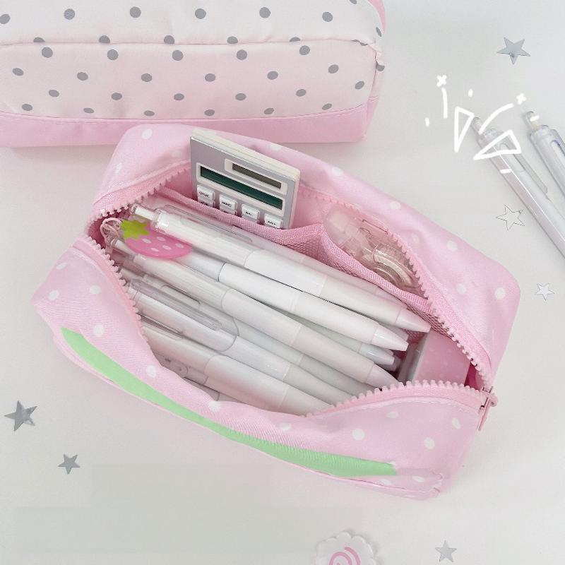 Pencil Case Strawberry Polka Dot Large Capacity Cute Versatile Stationery Storage Bag Daily Desktop Organization