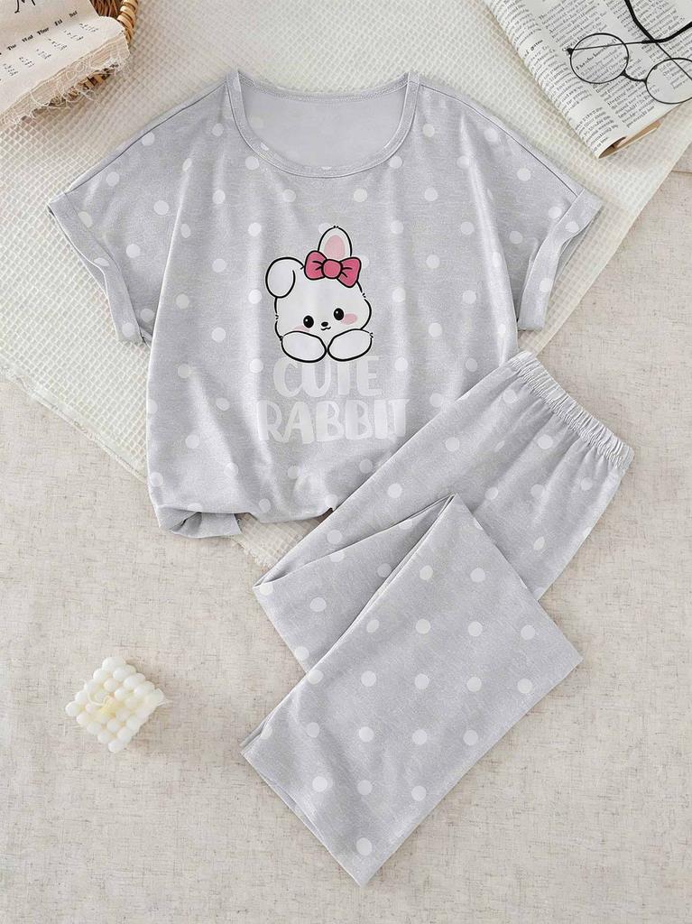 Girls Pajama Set, Cute Rabbit & Polka Dot Short Sleeve Top & Long Pants, Soft Sleepwear for 8-12 Years