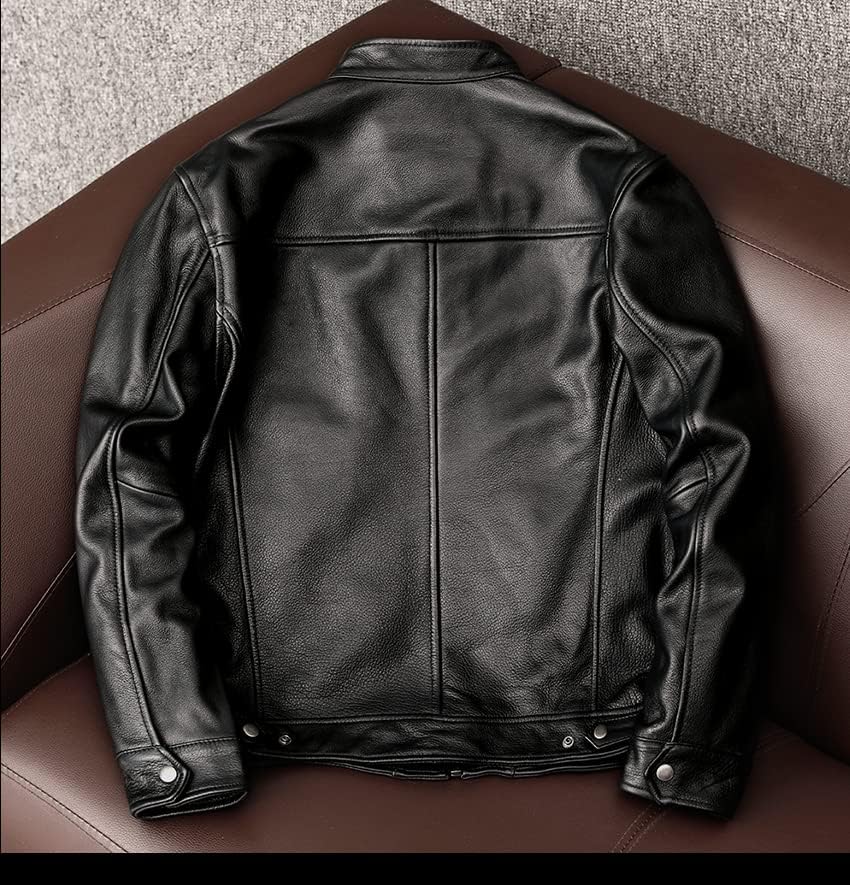CHEJI Genuine Leather Military Biker and for and Denim Jacket Jacket, Men's Double-Breasted Jacket, Short, Simple, Cold-Weight Windproof, Thick,