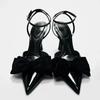 Fashion Elegant Bow Designer Black High Heels Women Sexy Pointed Toe Patent Leather Ankle Strap Thin Heeled Sandals Party Dress Shoes