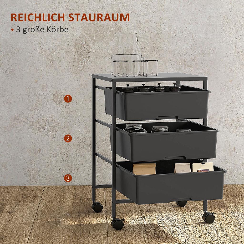 Rollwagen mit Rädern, 3 Körbe für Transport und Lagerung, Küchenwagen, 40,8L x 33,5B x 60,5H cm, Schwarz