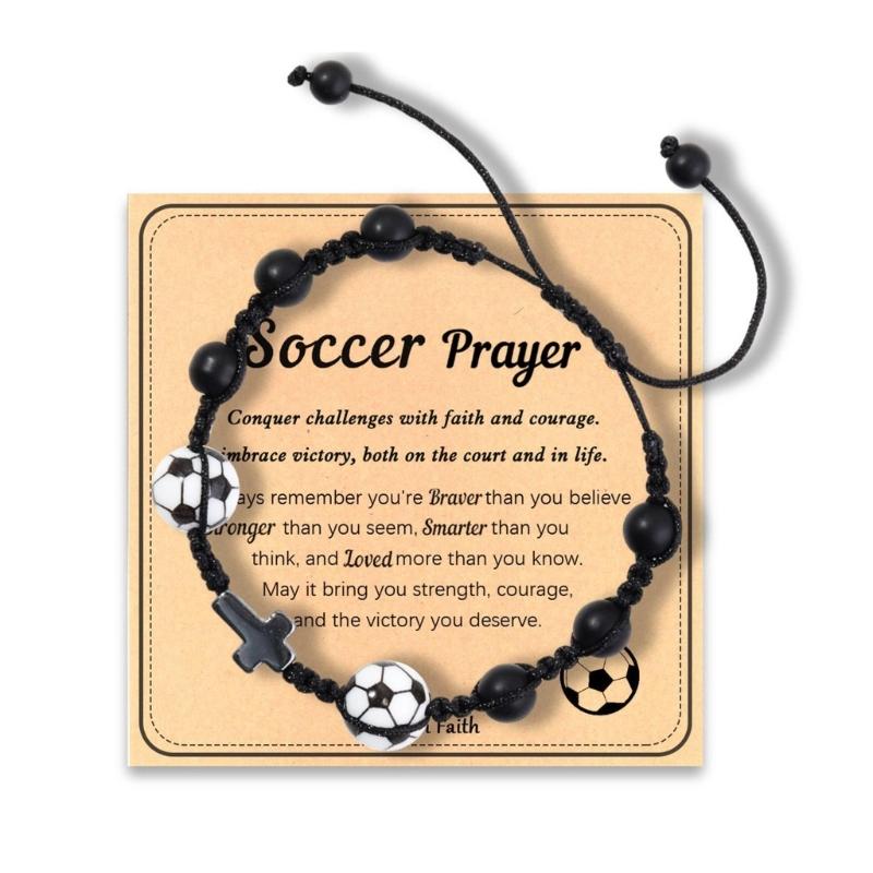 

Sports Themed Wooden Crucifix Bracelet For Men Natural Wood Beads Black Woven Cord Inspirational Jewelry Gift