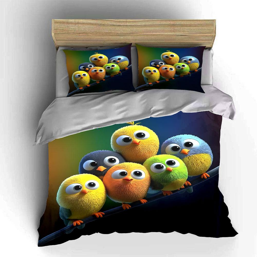 Adorable Colorful Birds In A Row Bedding Set For Kids Luxury Gift 3Pcs Digital Print Comforter Set Soft Comfortable Breathable