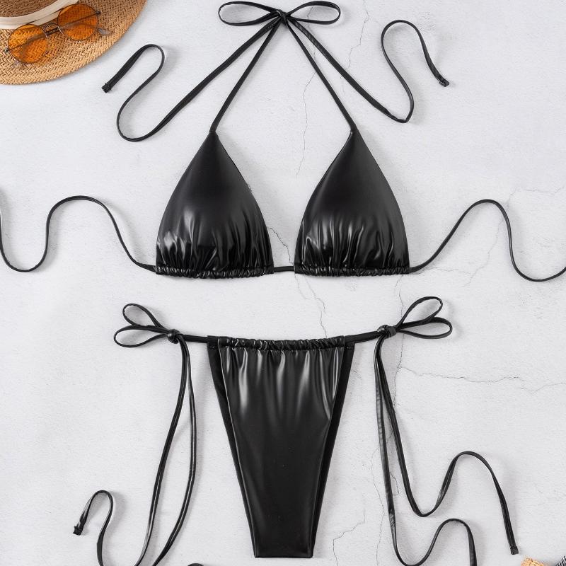 

Женский купальник сексуальный черный халтер шея треугольная сумка сбоку кружево бикини раздельный комплект пляжная одежда купальные костюмы L чёрный