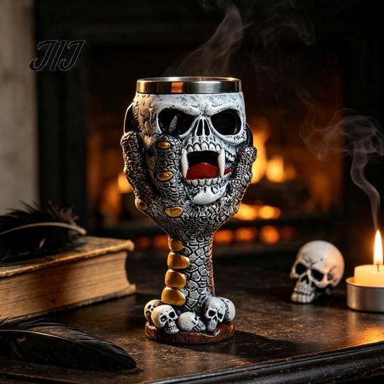 Dark Style Barware Horrible Resin Stainless Steel Skull Goblet, Retro Skeletal Wine Gothic Spooky Theme Tabletop Decor Cocktail Glasses, Vintage