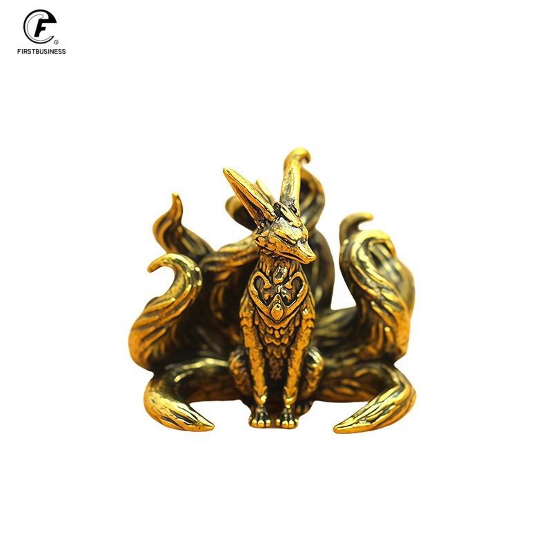 1 pcs Mini Antique Brass Lucky 7 Tails Fox Figurine Miniature Antique Brass Lucky Seven Tailed Fox Figurines Feng Shui Ornament