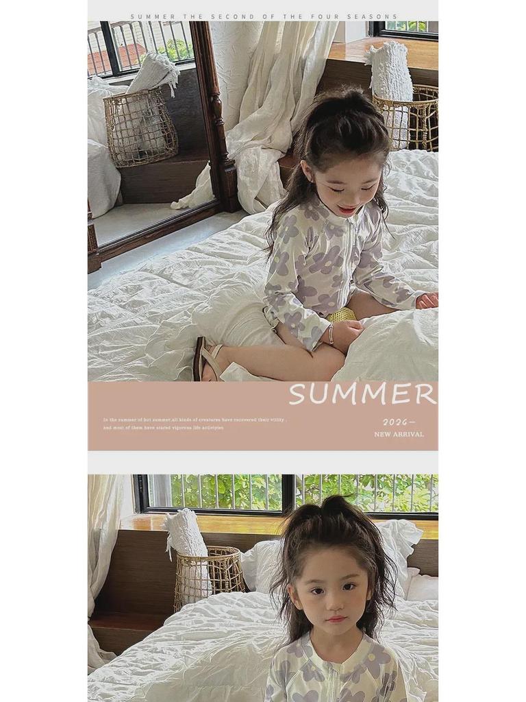 Stylowy strój kąpielowy dla dziewczynek z długim rękawem w kwiatowy wzór z ochroną przeciwsłoneczną na wakacje na plaży lub w gorących źródłach