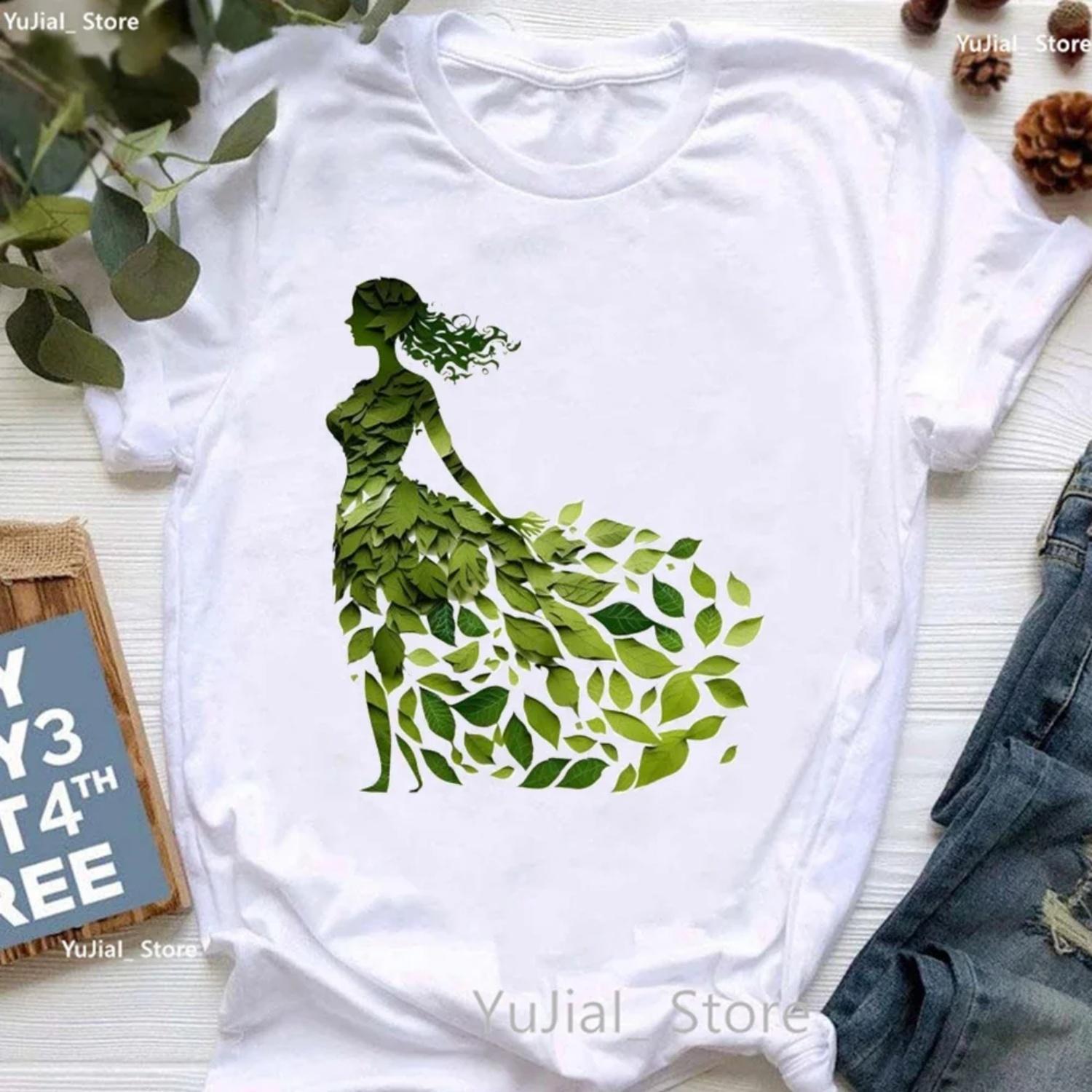 Artistic Aesthetic Green Leaves Girl Print T Shirt Girls Summer Fashion Tops Tee Shirt Femme White Pink Short Sleeve T-Shirt S