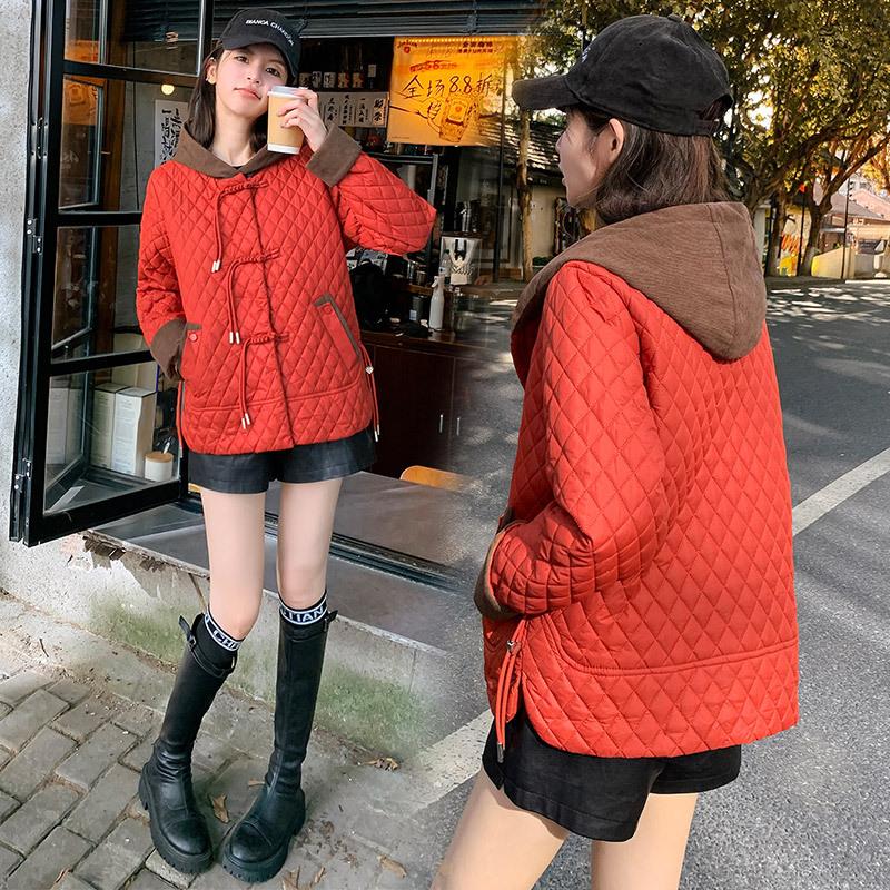 Lightweight cotton clothes women's 2025 new fashionable loose hooded cotton jacket temperament casual versatile patchwork top