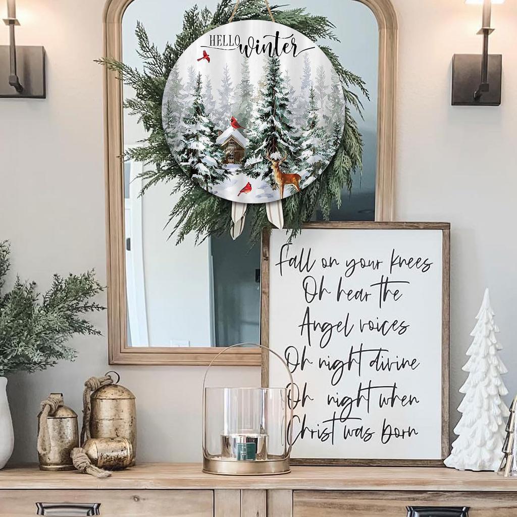 Winter Wreaths for Front Door, Winter Door Decorations Wall Decor, January Wreaths 12 Inch, Hello Winter Door Sign Door Hanger, Rustic Natural