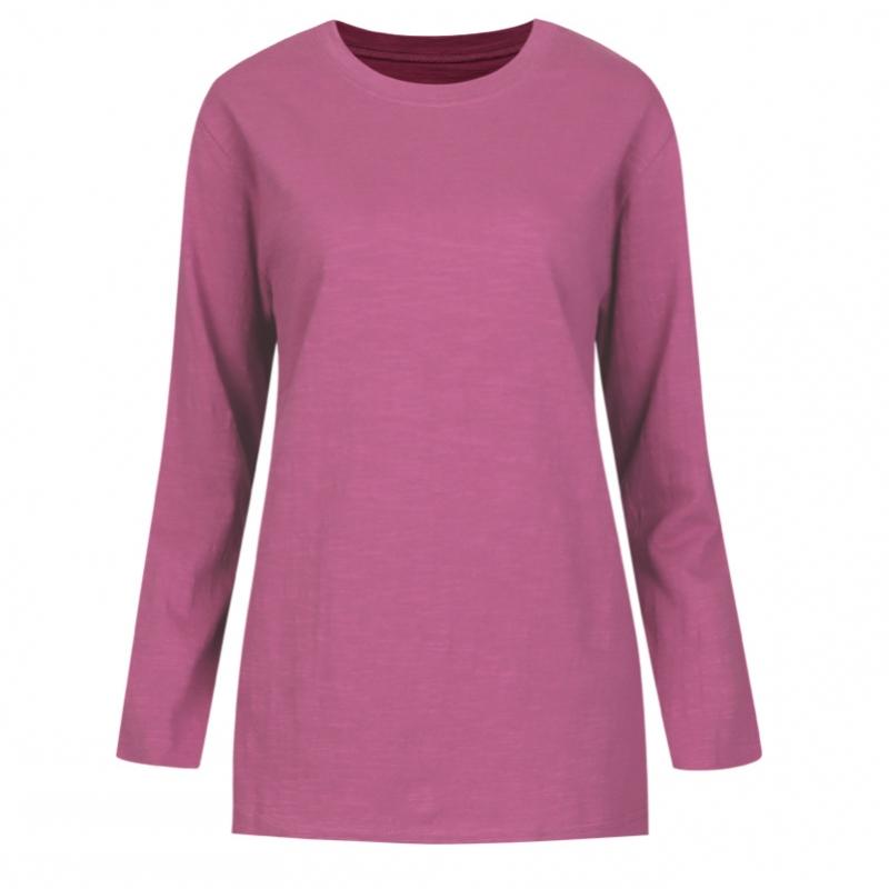 Shop Women Loose FiT Slub Round Long Sleeve CoTTon T shirT Dark Khaki Dai Wsh