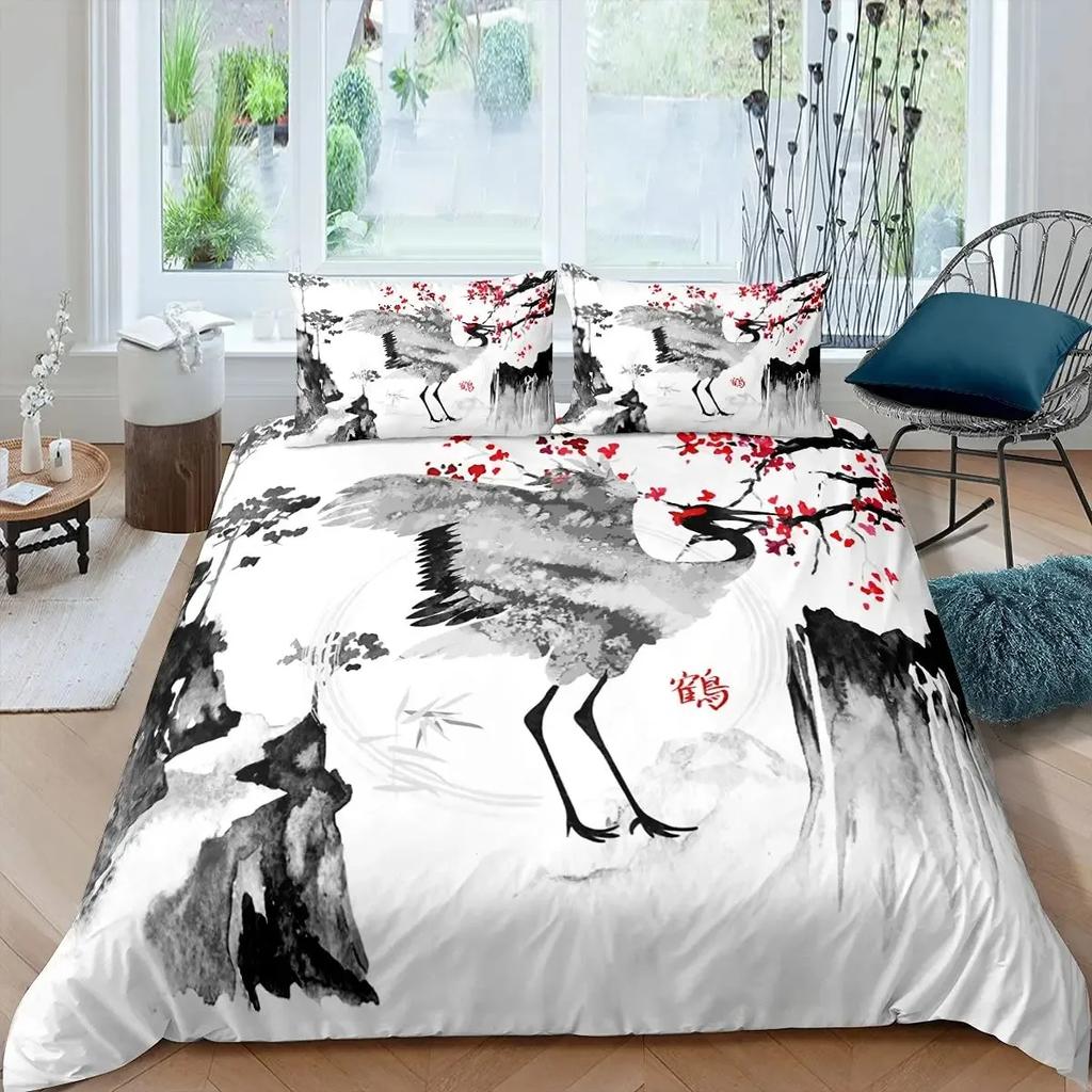 Japanese Style Crane Duvet Cover Set Full Size,Exotic Red Sun Sea Waves Bedding Sets,Vintage Ukiyoe Traditional Comforter Cover