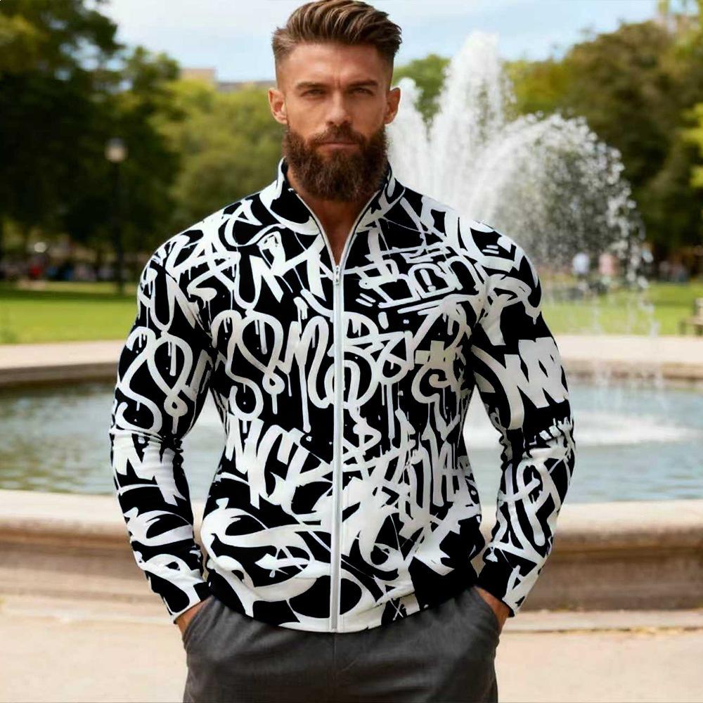 Men's 2026 Casual Zip-Up Hoodie Geometic Print Color Block Lightweight Jacket Streetwear