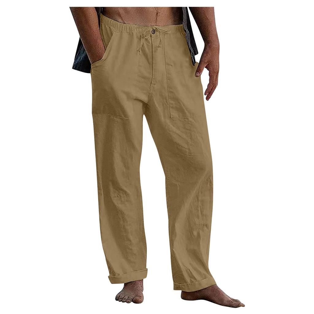 Men's linen drawstring casual pants summer solid color beach trousers loose sports casual cotton and linen trousers