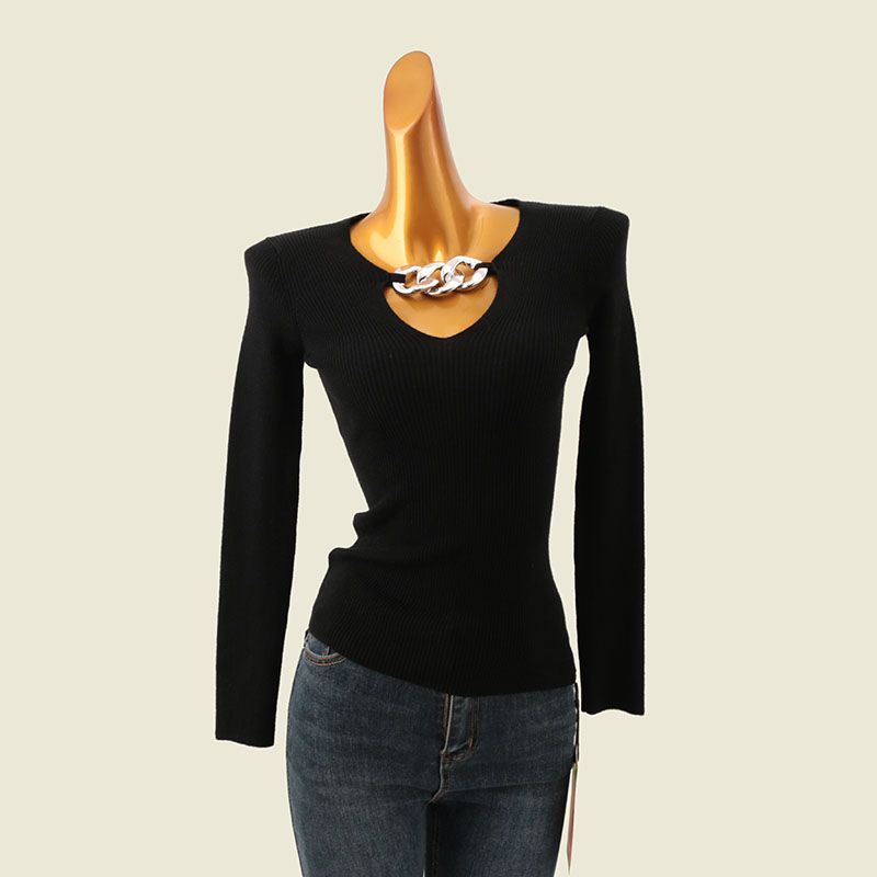 Quality Six Wool V Neck Chain Bottoming Shirt Small Sunken Stripe Silm Long Sleeves Knitting Inner Match Slimming Tops
