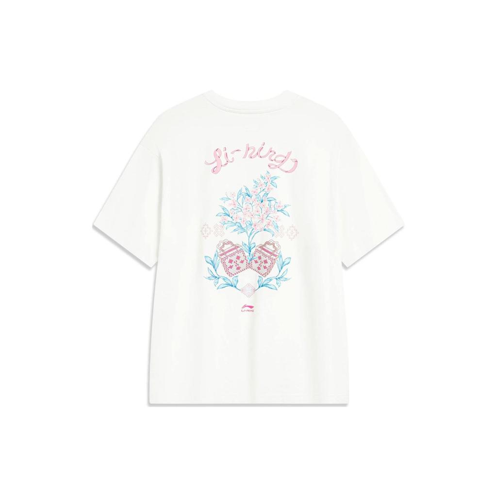 Li-Ning Chinese Culture Series Floral Back Print Round Neck T-Shirt Women Tops Off-White AHST428-1