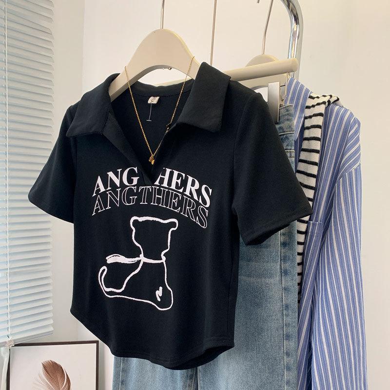 

Women s White Polo Collar Printed Short Sleeve T-Shirt - Summer Style S (under 80 jin) чёрный