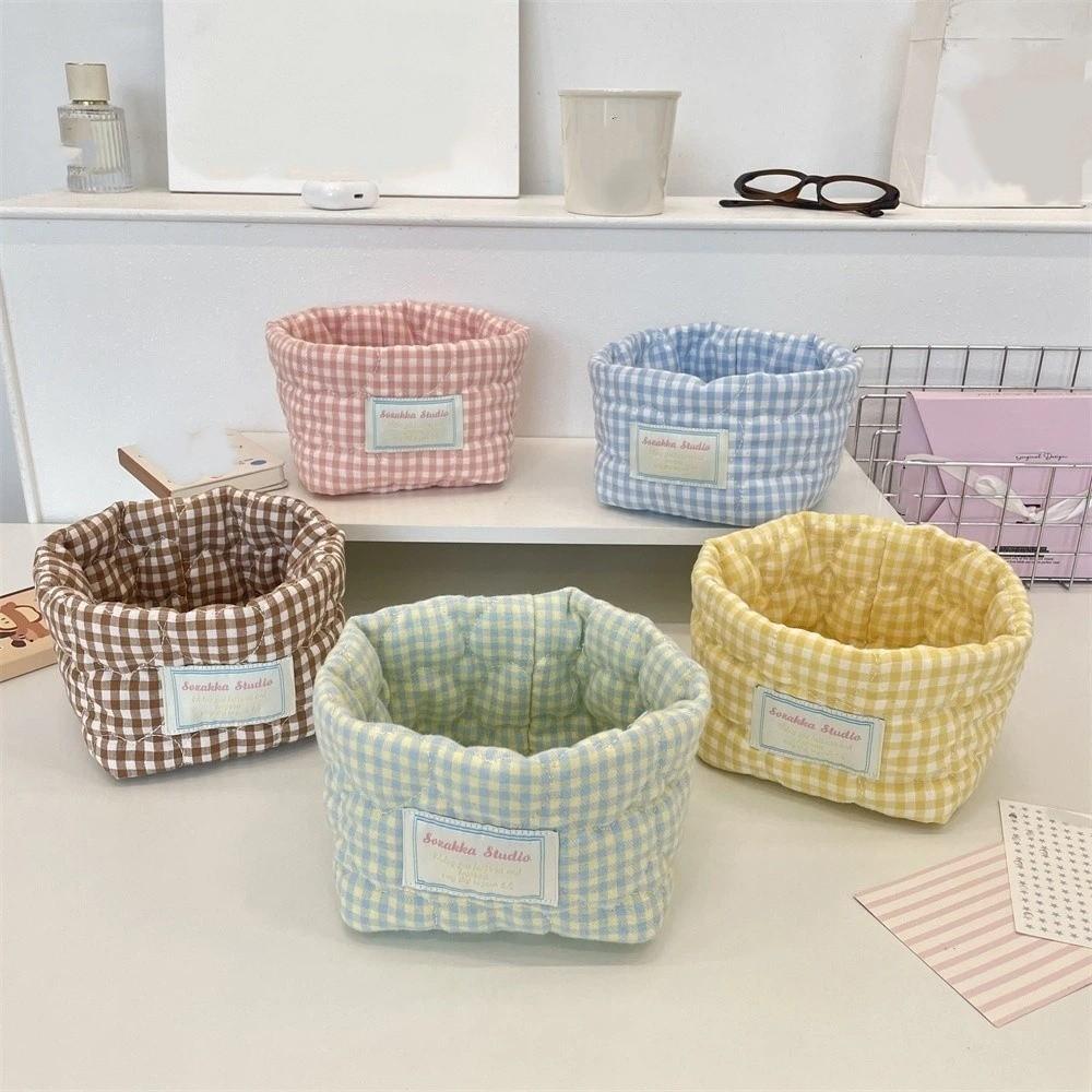 Plaid Stripe Grid Fabric Storage Basket Washable Desk Organize  Kitchen Supplies