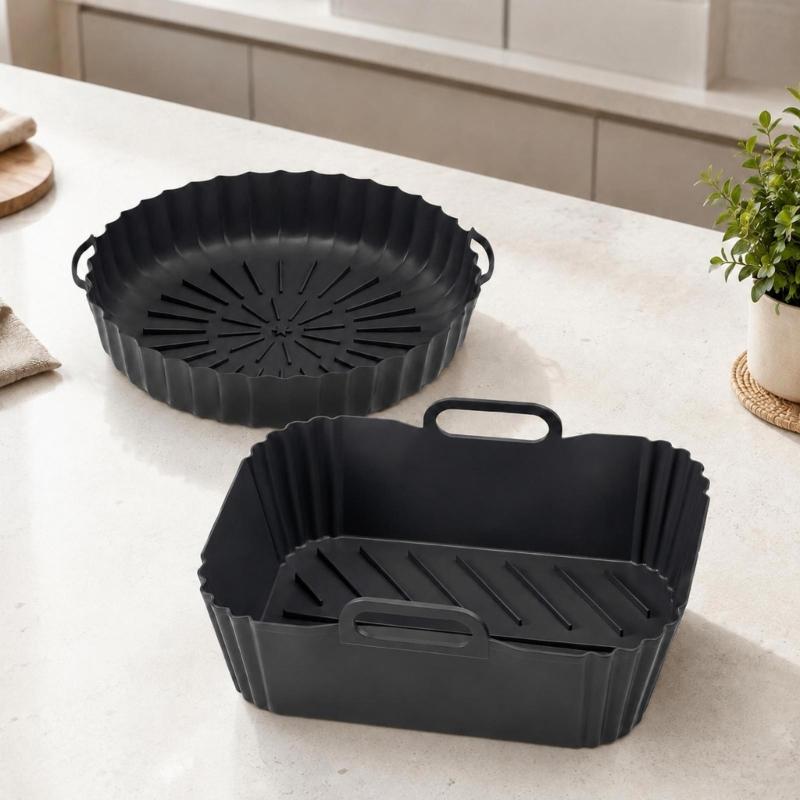 Round and Square Cooking Basket Trays in Reusable Silicone with Grip Handle Design and Crumb Collecting Base Pair