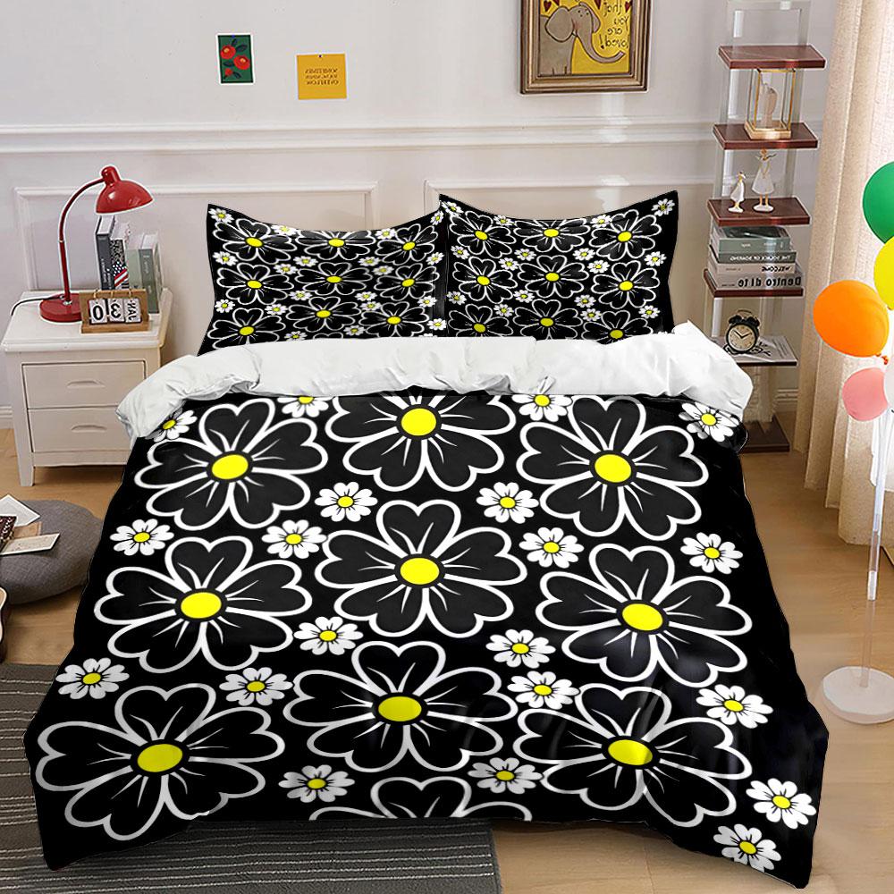 Large daisies, black background. Bedding sets Duvet cover sets Duvet covers Pillowcases(1*Duvet Cover 2*Pillowcases without duvet insert)