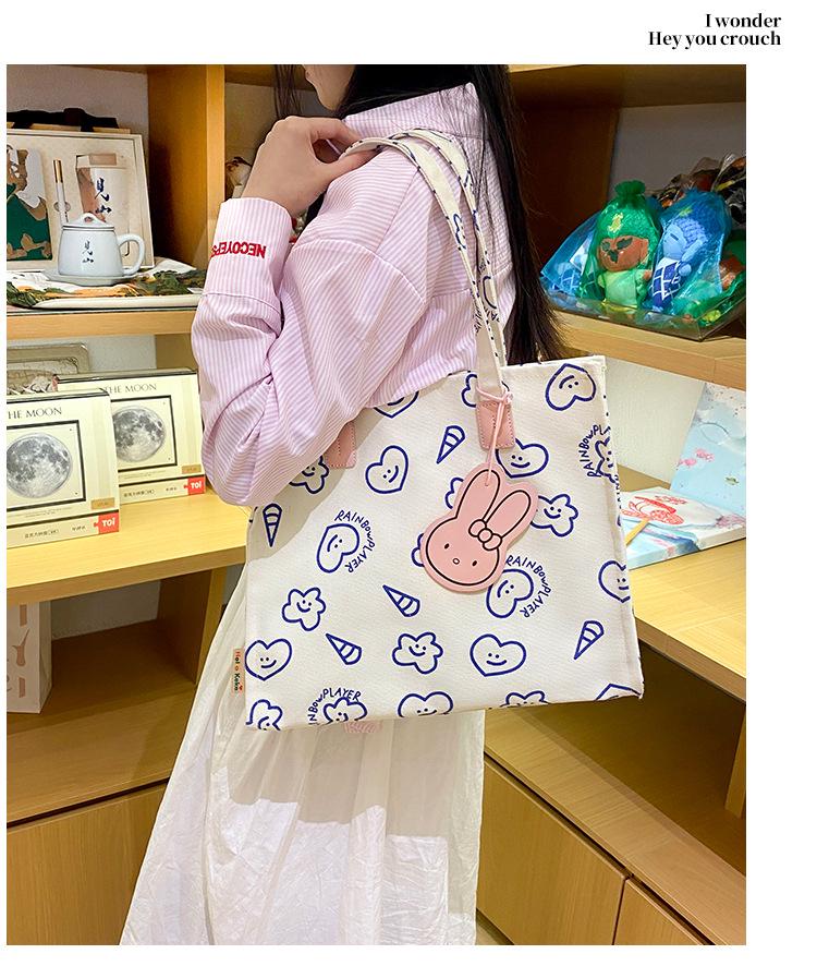 Cute Cartoon Canvas Shoulder Bag - Large Capacity, Fashionable & Versatile Heart Tote for Women