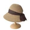 Elegant Pleated Large Double Bow Thin Straw Bucket Hat Women's Summer Beach Straw Hat Travel Visor