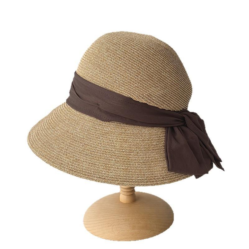 Elegant Pleated Large Double Bow Thin Straw Bucket Hat Women's Summer Beach Straw Hat Travel Visor