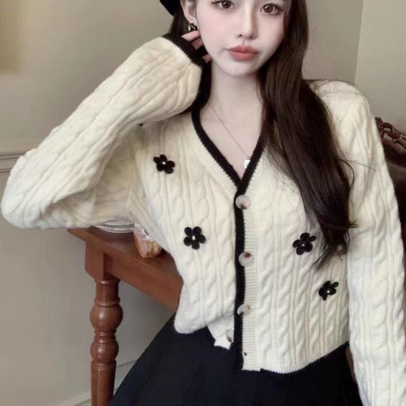 Cardigan japonais col en v tricot pâte frite torsion doux soeur style doux petit cardigan français pull manteau femme