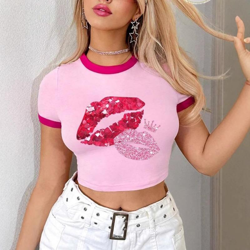 

Womens Pink Ringer Crop Top With Red Lips Print Short Sleeve Slim Fit Casual Round Neck Tee S розовый