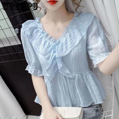 Sommar V-ringad Volang Puffärm Kortärmad Skjorta Dam Peplum Mode Temperament Blus Veckad Enfärgad Vardagliga T-shirts