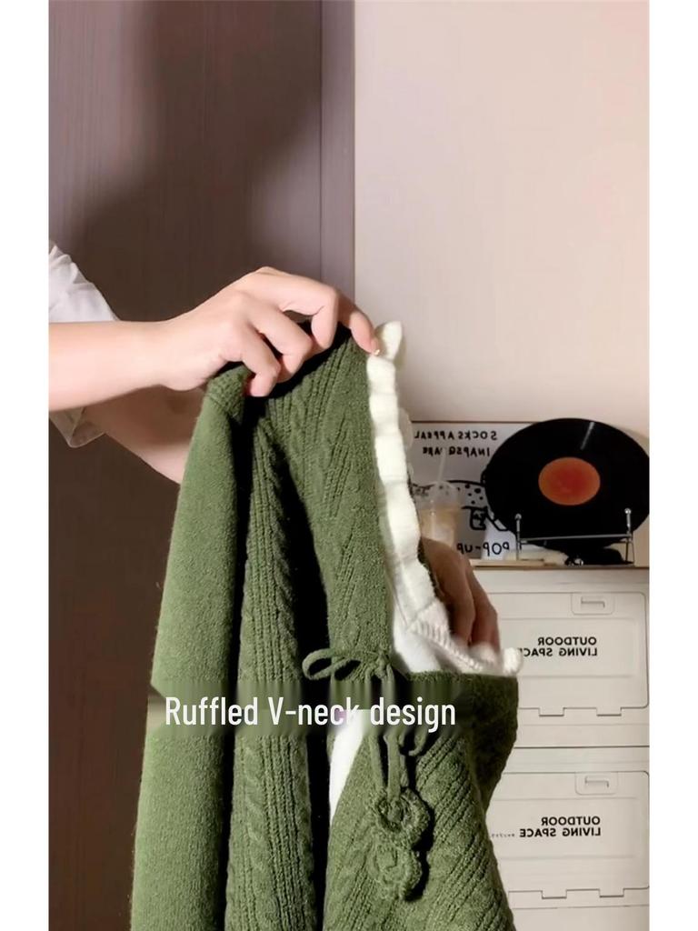 Green Faux Two-Piece Knitted Sweater Dress – Women's Korean Style Plaid Long Dress for Spring & Autumn