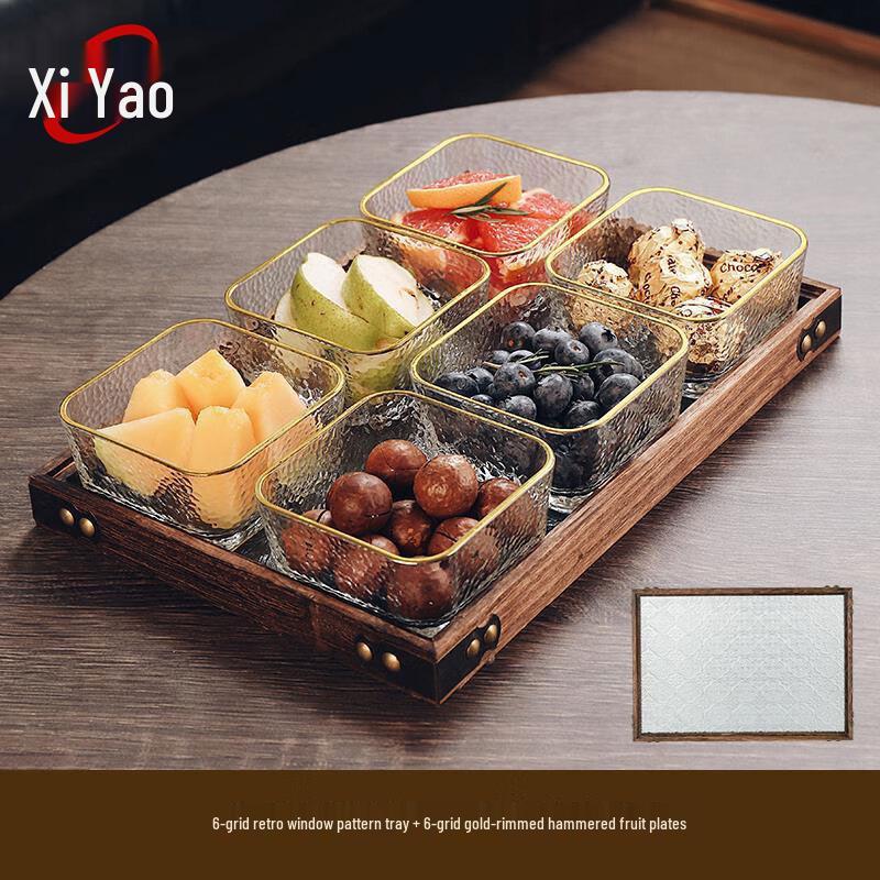 Hammered Glass Bowl Set with Partitioned Wooden Tray