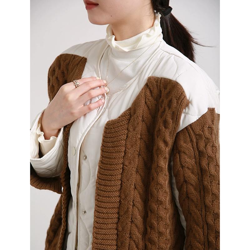 Dimanaf 2025 Winter Women Sweaters Jacket Patchwork Wadded Buttons Coat Knitting Fake Two-Piece Loose Sweater