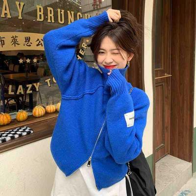 Autumn Winter Blue Zipper Cardigan Women's Thickened Long-sleeved Design Sense Knit Top Comfortable Versatile Fashion Outerwear