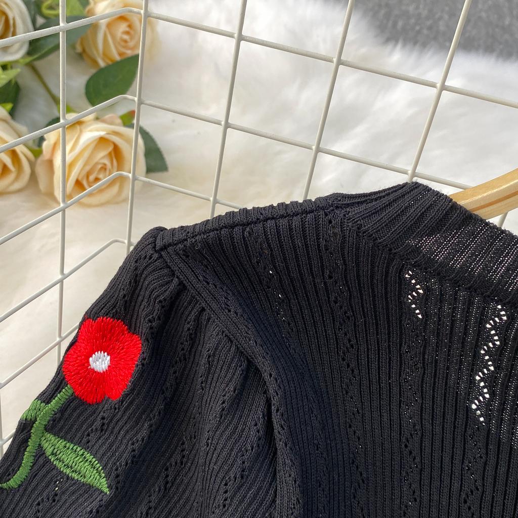 Summer Women Vintage Puff Sleeve Embroidery Rose Flower Office Party Knitted Sweater Slim Bodycon Sheath Pullover Dresses