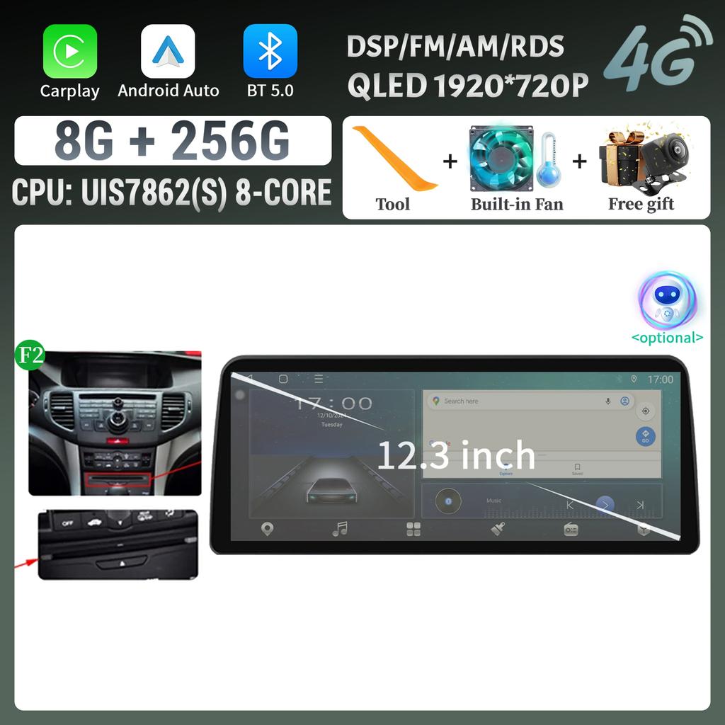 12.3inch For Honda Accord 8 Europe Spirior 2009-2013 Car Radio Multimedia Navigation Wireless BT CarPlay Touch Head Unit Screen