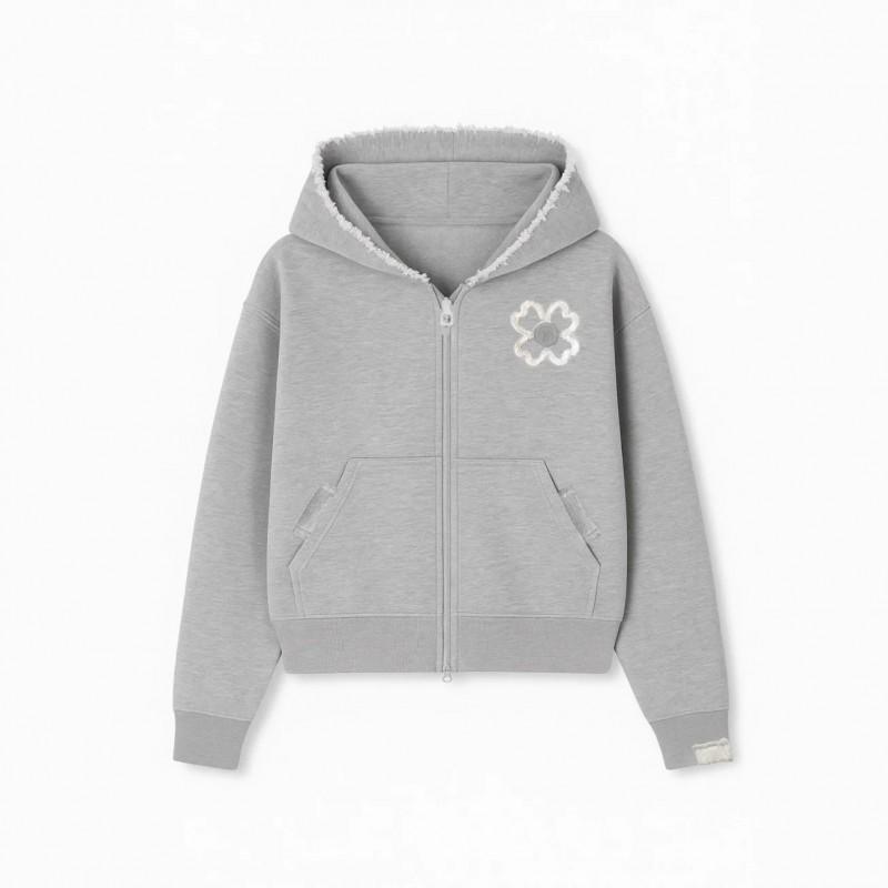Unisex Streetwear Floral Patch Zip-Up Hoodie