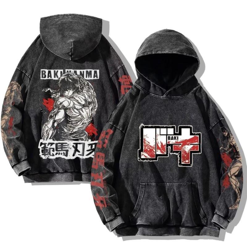 Baki Hanma Anime Print Hooded Men Women Vintage Trendy Hoodies Plus Size Washed Cotton Sweatshirt Harajuku Unisex Streetwear